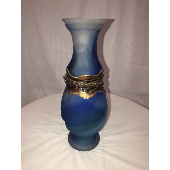 Handmade Art Glass Vase Coated Metal Blue - Picture 4 of 9